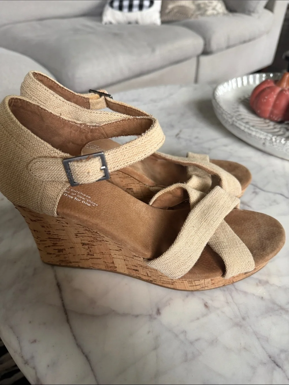 TOMS Natural Canvas Crisscross Wedge Sandals 11